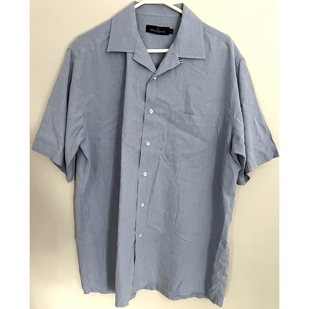 Bugatchi Uomo Shirt Mens L Blue Short Sleeve Camp Collar Modal Blend Casual